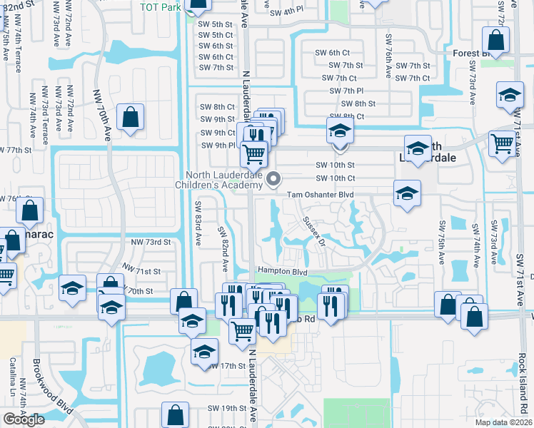 map of restaurants, bars, coffee shops, grocery stores, and more near 1110 Sussex Drive in North Lauderdale