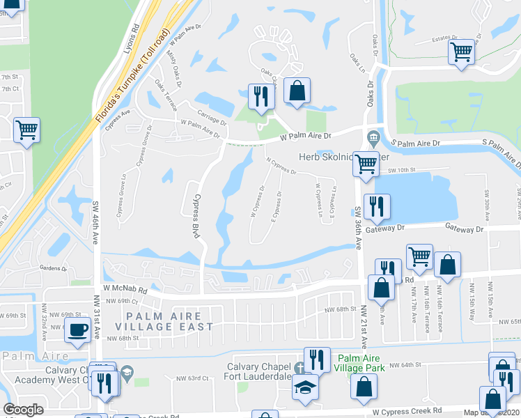 map of restaurants, bars, coffee shops, grocery stores, and more near 1120 East Cypress Drive in Pompano Beach