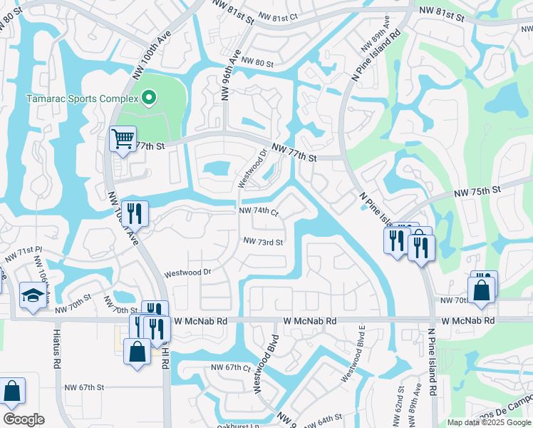 map of restaurants, bars, coffee shops, grocery stores, and more near 9418 Northwest 74th Court in Tamarac