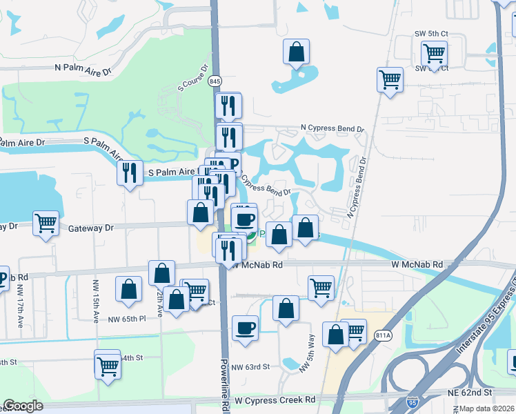 map of restaurants, bars, coffee shops, grocery stores, and more near 2324 South Cypress Bend Drive in Pompano Beach