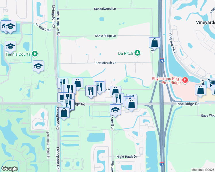 map of restaurants, bars, coffee shops, grocery stores, and more near 6741 Livingston Woods Lane in Naples