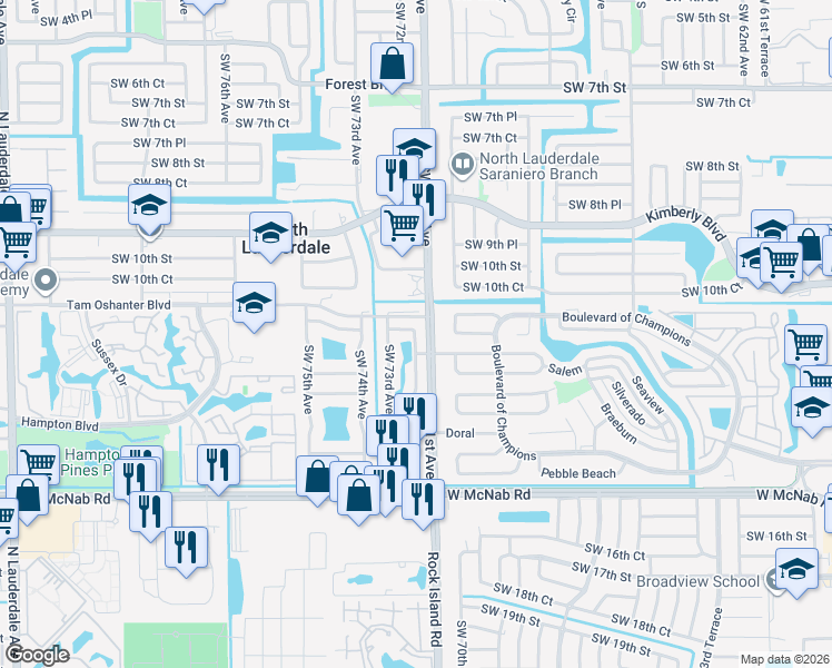 map of restaurants, bars, coffee shops, grocery stores, and more near 7215 Southwest 11th Court in North Lauderdale