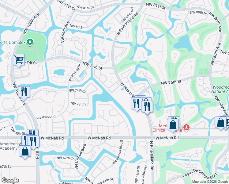 map of restaurants, bars, coffee shops, grocery stores, and more near 8833 Northwest 75th Court in Tamarac