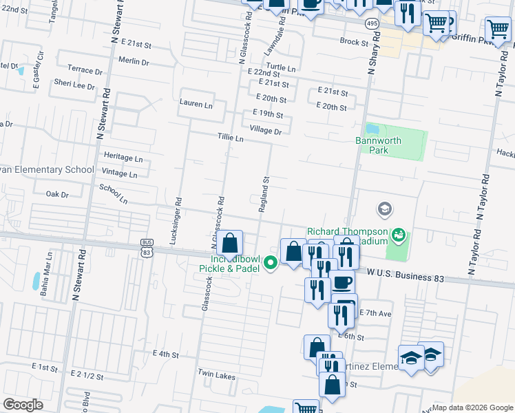 map of restaurants, bars, coffee shops, grocery stores, and more near 1216 Ragland Street in Mission