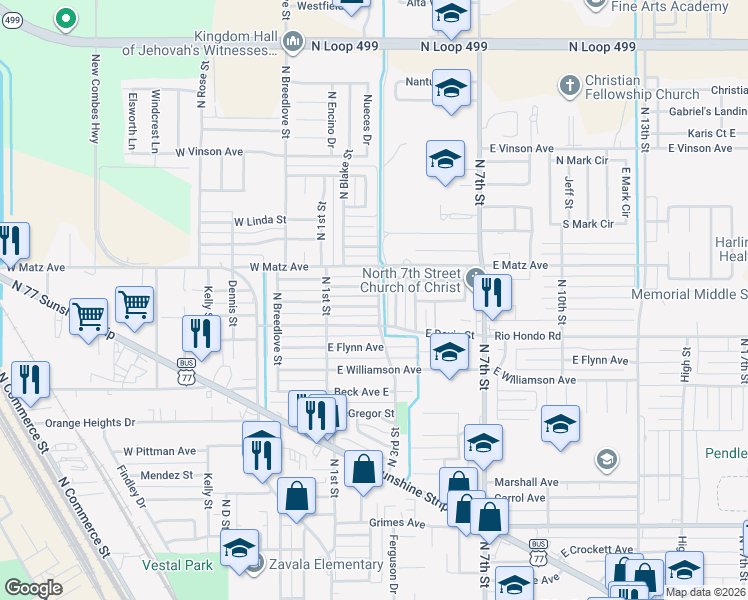 map of restaurants, bars, coffee shops, grocery stores, and more near 213 Hurst Avenue East in Harlingen
