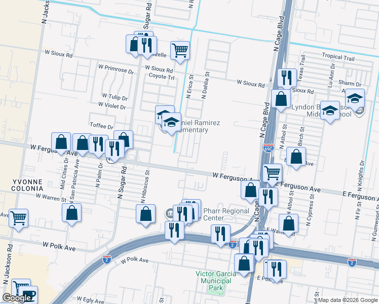 map of restaurants, bars, coffee shops, grocery stores, and more near 2113 North Dahlia Street in Pharr