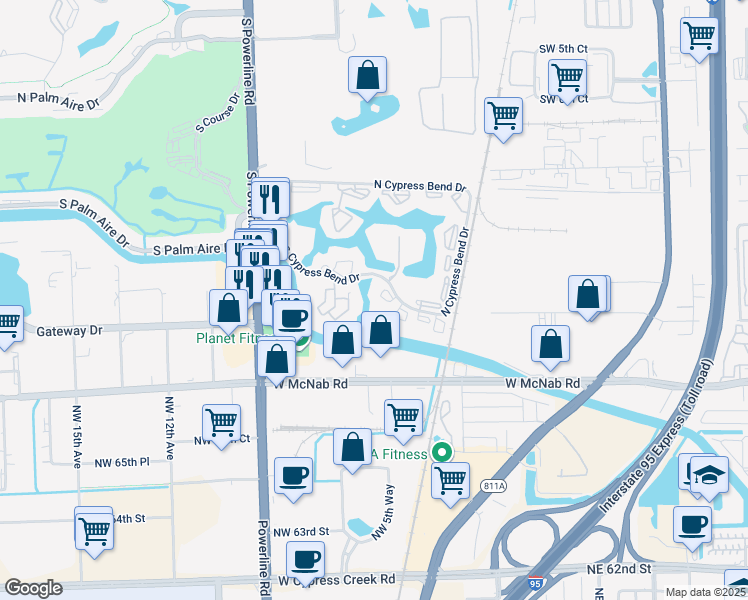 map of restaurants, bars, coffee shops, grocery stores, and more near 2240 North Cypress Bend Drive in Pompano Beach
