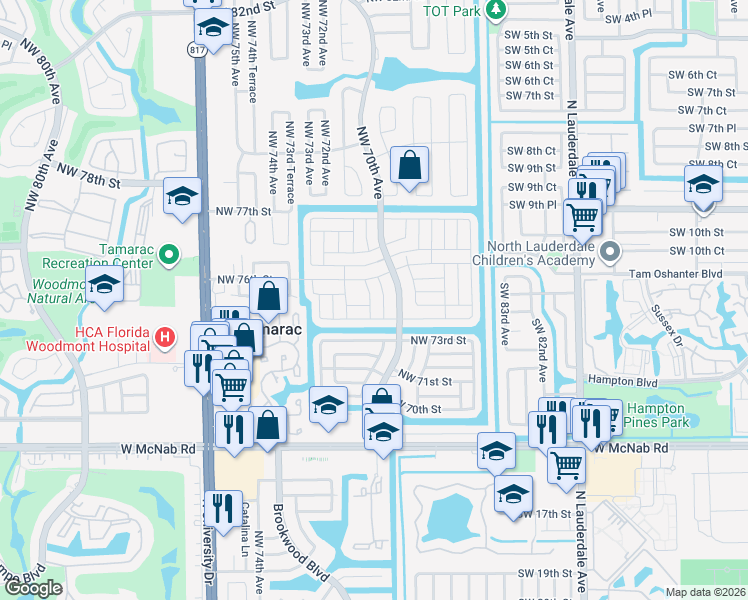 map of restaurants, bars, coffee shops, grocery stores, and more near 7502 Northwest 71st Avenue in Tamarac