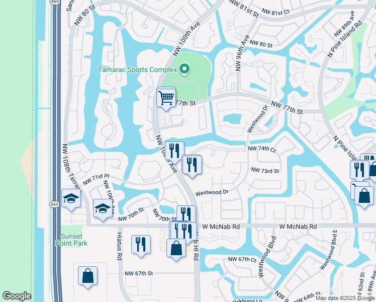 map of restaurants, bars, coffee shops, grocery stores, and more near 9955 North Belfort Circle in Tamarac