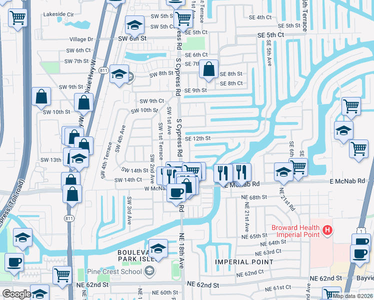 map of restaurants, bars, coffee shops, grocery stores, and more near 1231 Southeast 1st Avenue in Pompano Beach