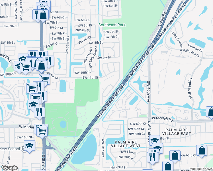map of restaurants, bars, coffee shops, grocery stores, and more near 4916 Southwest 11th Place in Margate