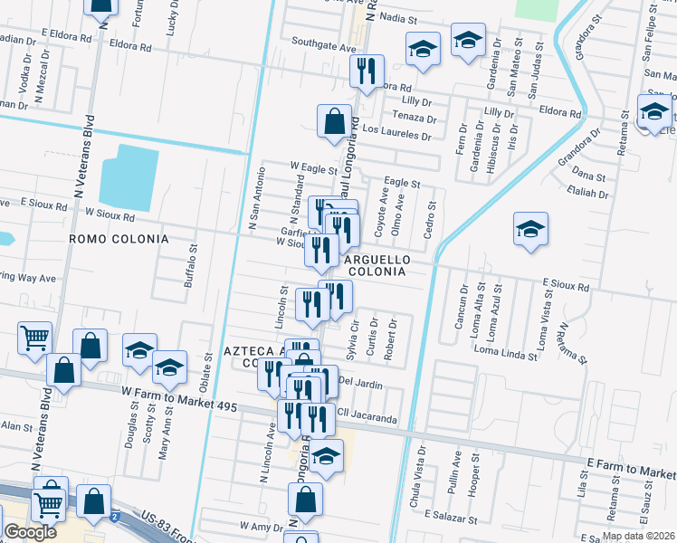 map of restaurants, bars, coffee shops, grocery stores, and more near 2017 North Raul Longoria Road in San Juan