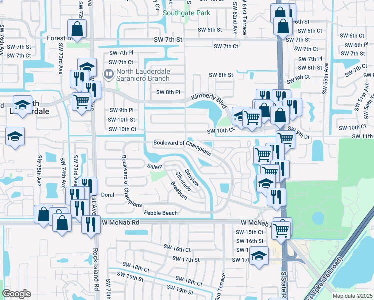 map of restaurants, bars, coffee shops, grocery stores, and more near 1041 West Jasmine Lane in North Lauderdale