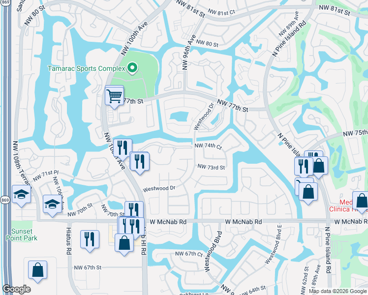 map of restaurants, bars, coffee shops, grocery stores, and more near 301 North Belfort Circle in Tamarac