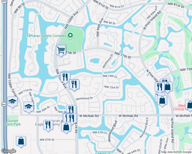 map of restaurants, bars, coffee shops, grocery stores, and more near 301 North Belfort Circle in Tamarac