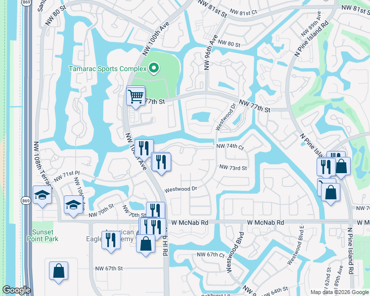 map of restaurants, bars, coffee shops, grocery stores, and more near 9506 North Belfort Circle in Tamarac