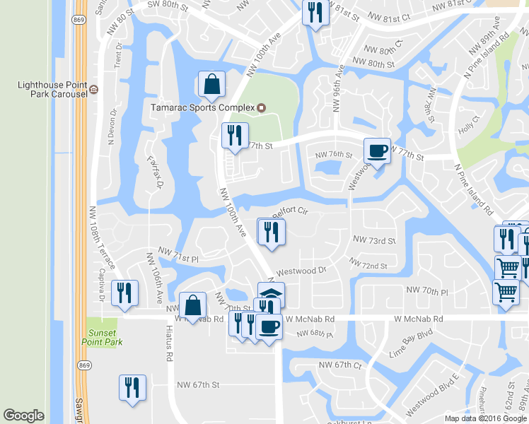 map of restaurants, bars, coffee shops, grocery stores, and more near 9955 North Belfort Circle in Tamarac