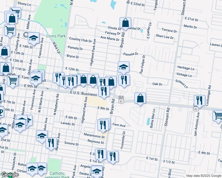 map of restaurants, bars, coffee shops, grocery stores, and more near 1220 Ash Drive in Mission