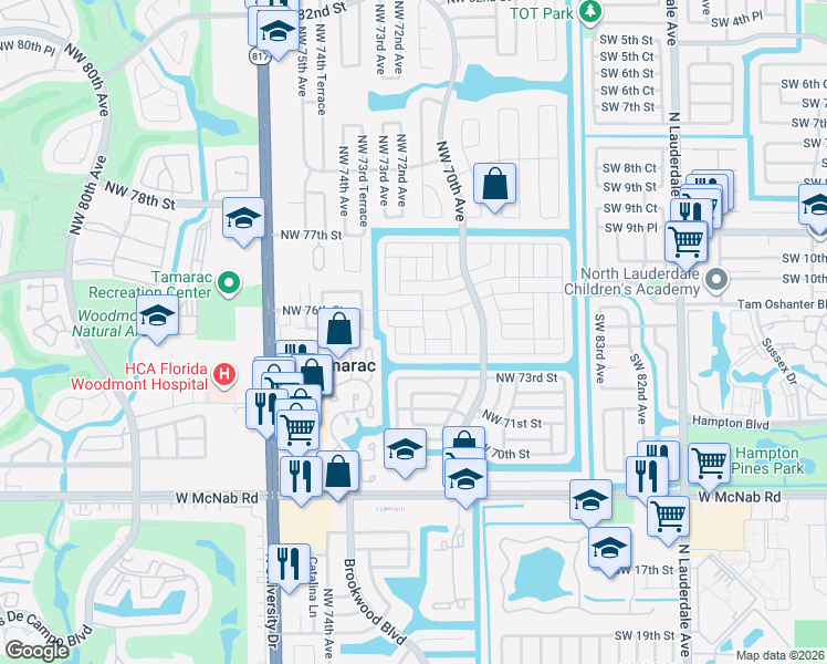 map of restaurants, bars, coffee shops, grocery stores, and more near 7502 Northwest 72nd Terrace in Tamarac
