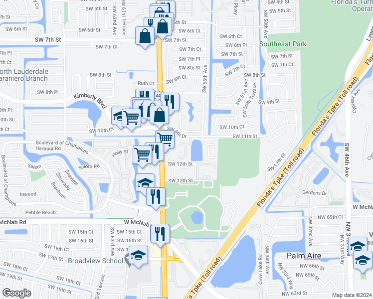 map of restaurants, bars, coffee shops, grocery stores, and more near 5571 Southwest 11th Street in Margate