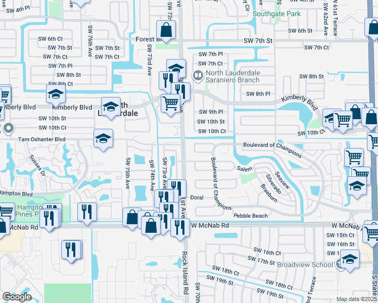 map of restaurants, bars, coffee shops, grocery stores, and more near 1107 Merion Place in North Lauderdale