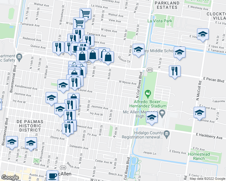 map of restaurants, bars, coffee shops, grocery stores, and more near 1209 North 5th Street in McAllen