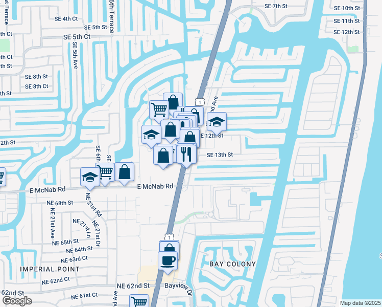 map of restaurants, bars, coffee shops, grocery stores, and more near 1296 U.S. 1 in Pompano Beach