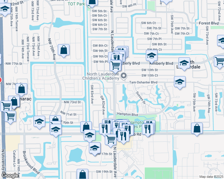 map of restaurants, bars, coffee shops, grocery stores, and more near 8100 Southwest 12th Street in North Lauderdale