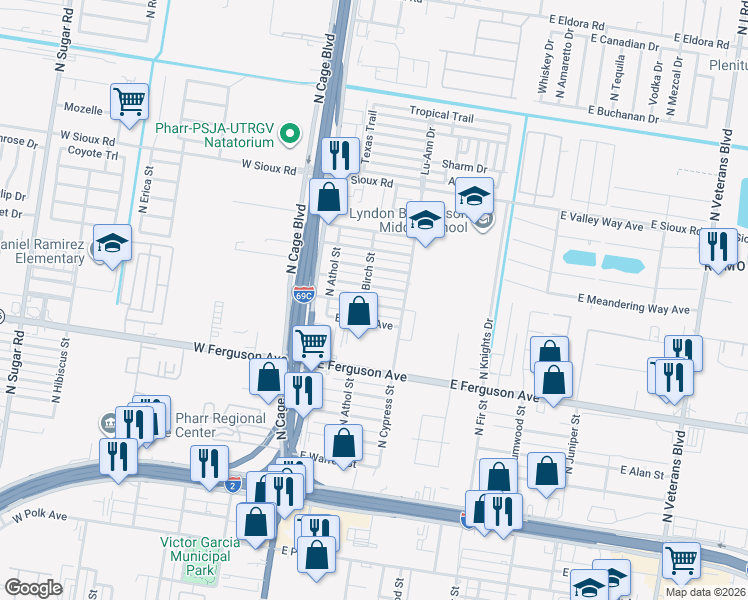 map of restaurants, bars, coffee shops, grocery stores, and more near 207 East Diaz Avenue in Pharr