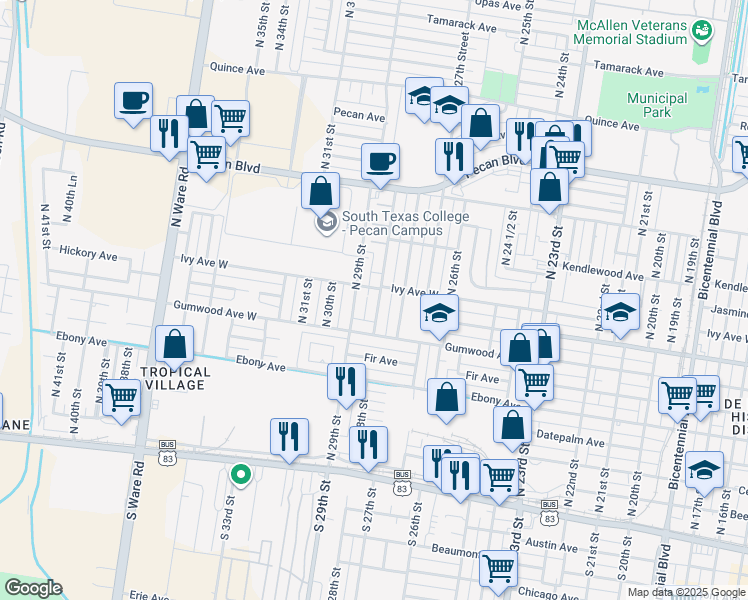 map of restaurants, bars, coffee shops, grocery stores, and more near 813 North 28th Street in McAllen