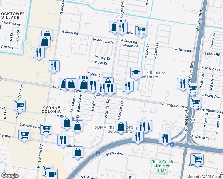 map of restaurants, bars, coffee shops, grocery stores, and more near 835 West Del Oro in Pharr