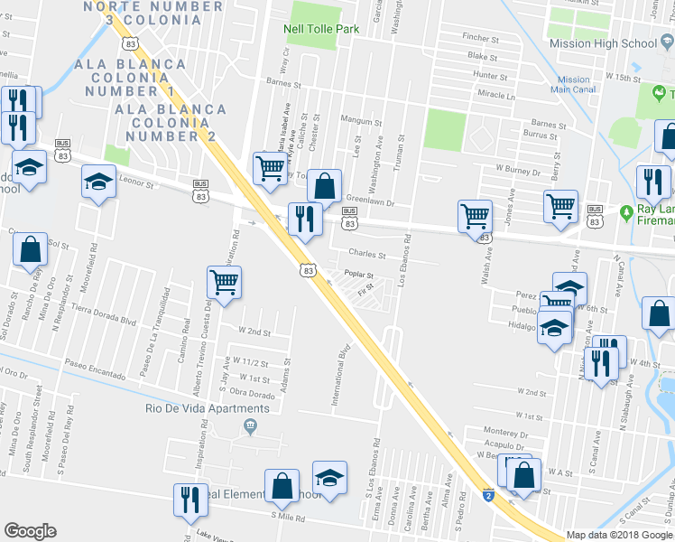 map of restaurants, bars, coffee shops, grocery stores, and more near Chestnut Street in Mission