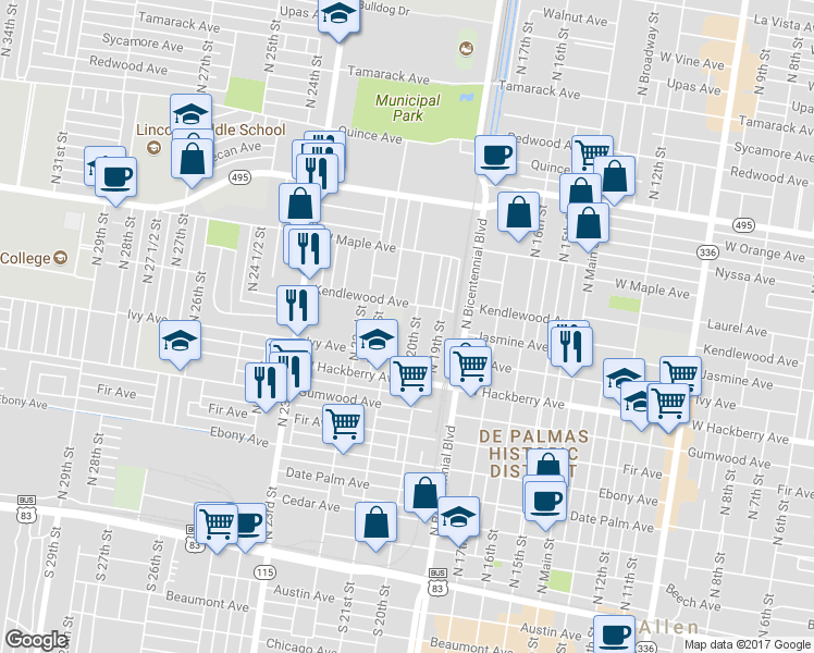map of restaurants, bars, coffee shops, grocery stores, and more near 1001 N 20th St in McAllen