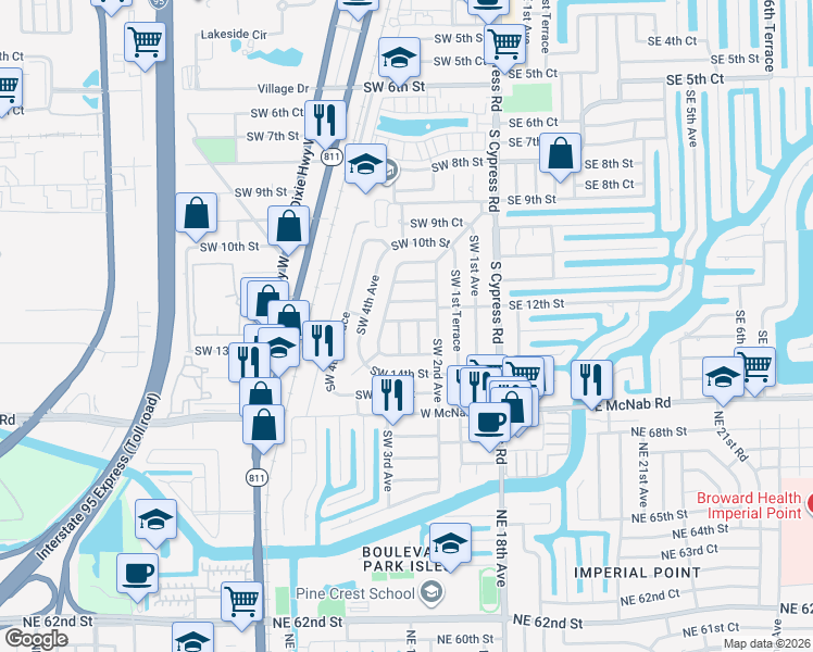 map of restaurants, bars, coffee shops, grocery stores, and more near 280 Southwest 12th Street in Pompano Beach