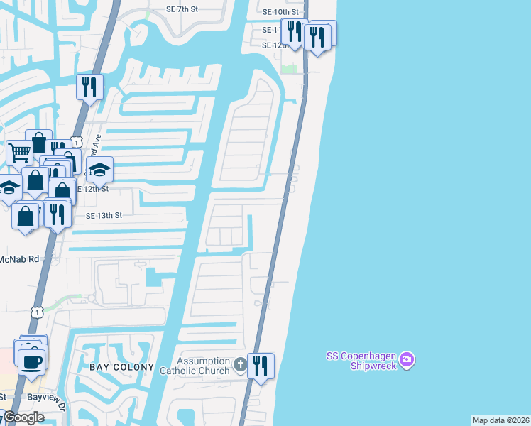 map of restaurants, bars, coffee shops, grocery stores, and more near 1439 South Ocean Boulevard in Pompano Beach