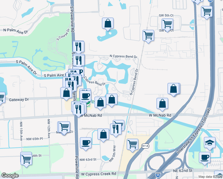 map of restaurants, bars, coffee shops, grocery stores, and more near 2240 North Cypress Bend Drive in Pompano Beach