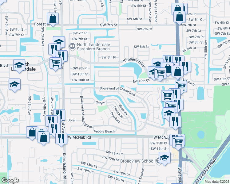 map of restaurants, bars, coffee shops, grocery stores, and more near 1041 West Jasmine Lane in North Lauderdale