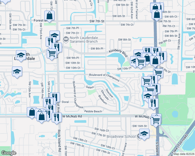 map of restaurants, bars, coffee shops, grocery stores, and more near 6526 Harbour Road in North Lauderdale