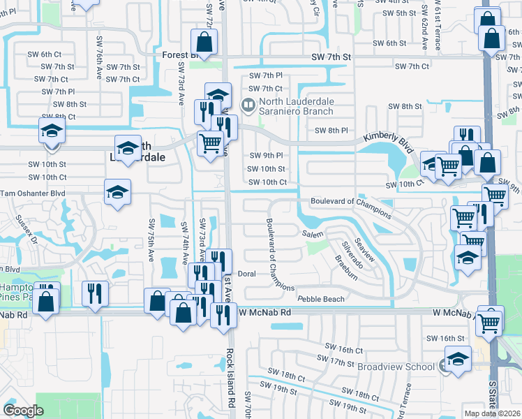 map of restaurants, bars, coffee shops, grocery stores, and more near 6805 Merion Place in North Lauderdale