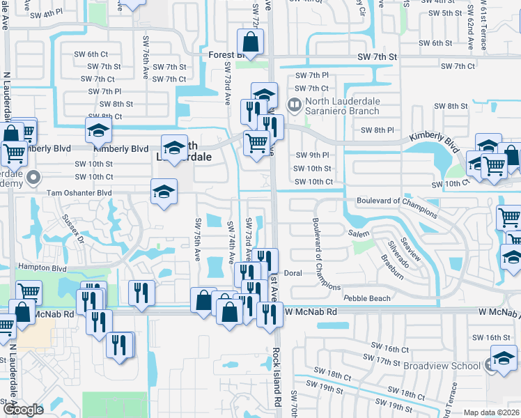 map of restaurants, bars, coffee shops, grocery stores, and more near 7215 Southwest 11th Court in North Lauderdale