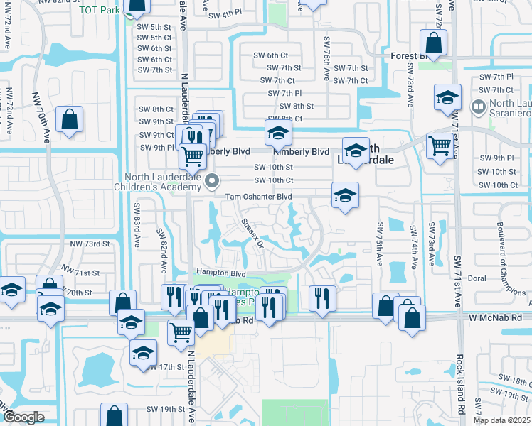 map of restaurants, bars, coffee shops, grocery stores, and more near 1345 Sussex Drive in North Lauderdale