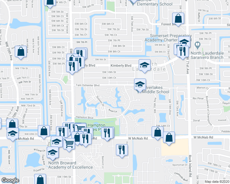 map of restaurants, bars, coffee shops, grocery stores, and more near 1249 Sussex Drive in North Lauderdale