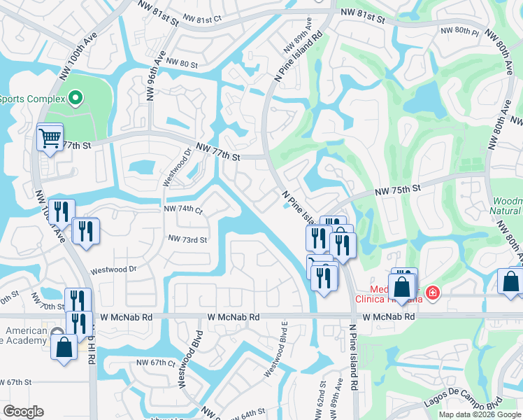 map of restaurants, bars, coffee shops, grocery stores, and more near 8833 Northwest 75th Court in Tamarac