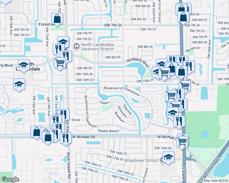 map of restaurants, bars, coffee shops, grocery stores, and more near 6526 Harbour Road in North Lauderdale