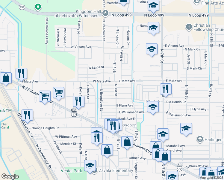 map of restaurants, bars, coffee shops, grocery stores, and more near 110 Hurst Avenue West in Harlingen