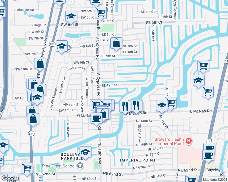 map of restaurants, bars, coffee shops, grocery stores, and more near 151 Southeast 12th Court in Pompano Beach