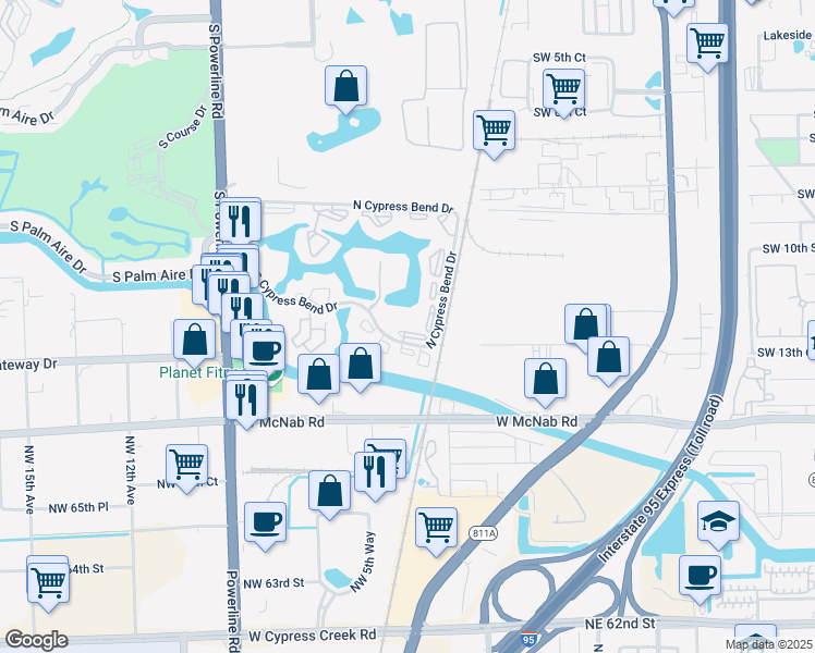map of restaurants, bars, coffee shops, grocery stores, and more near 2205 South Cypress Bend Drive in Pompano Beach