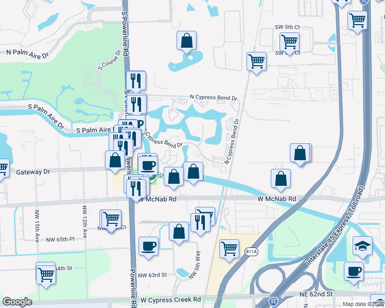 map of restaurants, bars, coffee shops, grocery stores, and more near 2240 North Cypress Bend Drive in Pompano Beach