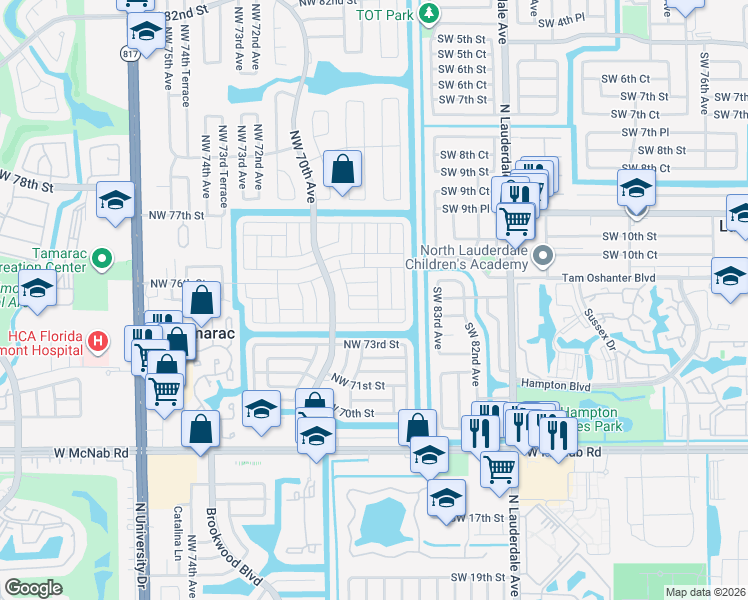 map of restaurants, bars, coffee shops, grocery stores, and more near 6800 Northwest 75th Court in Tamarac