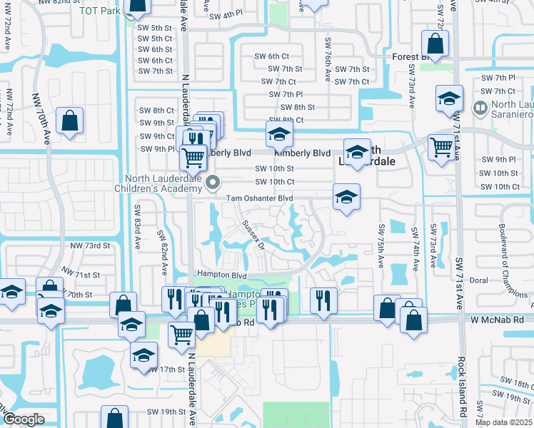 map of restaurants, bars, coffee shops, grocery stores, and more near 1345 Sussex Drive in North Lauderdale